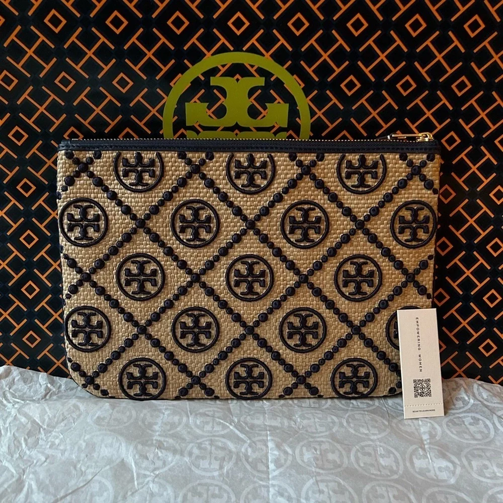 Tory Burch T Monogram Embroidered Straw Pouch Royal Navy